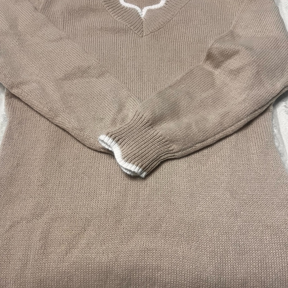 SHEIN Curve Beige V-Neck Sweater with White Trim